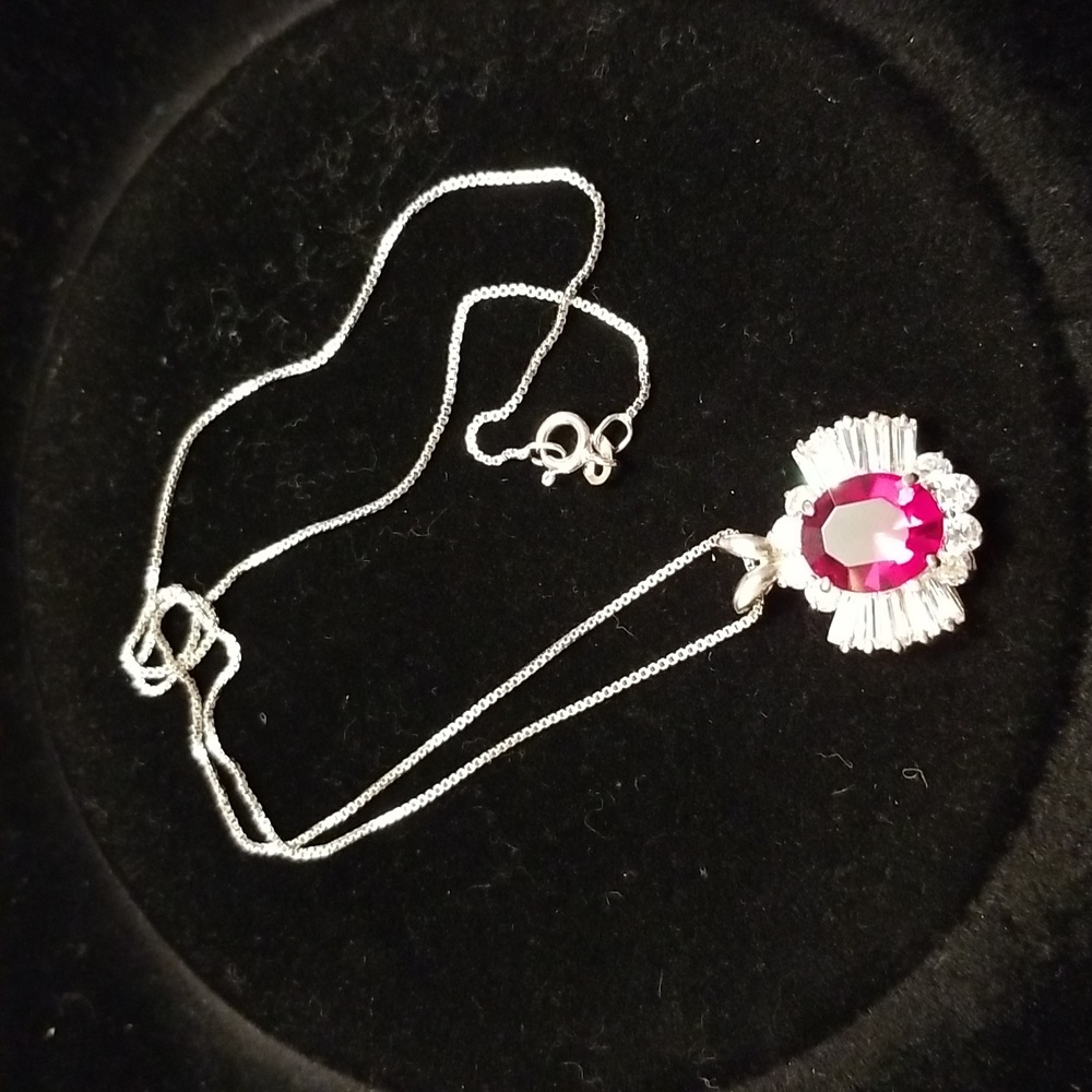 Sterling silver 925 Italy diamond simulant and ruby necklace